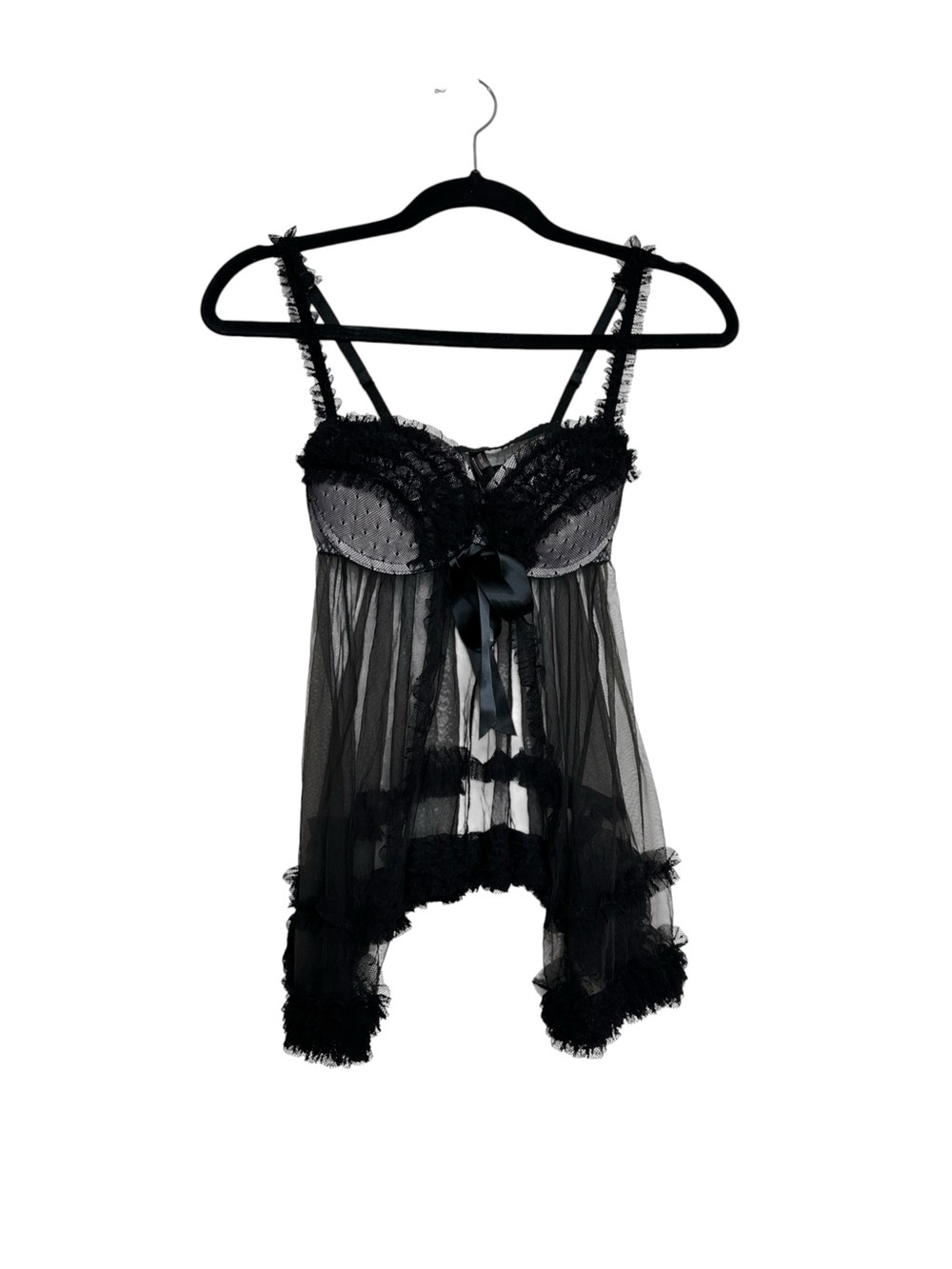 Victorias Secret Black Sheer Babydoll Lingerie with Ruffles and Bow